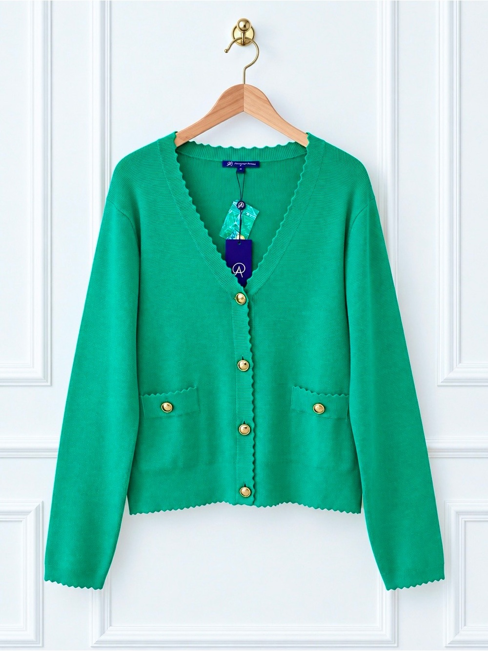 Adrianna Papell Knit Cardigan Scallop Trims Gold Buttons Long Sleeve V-Neck